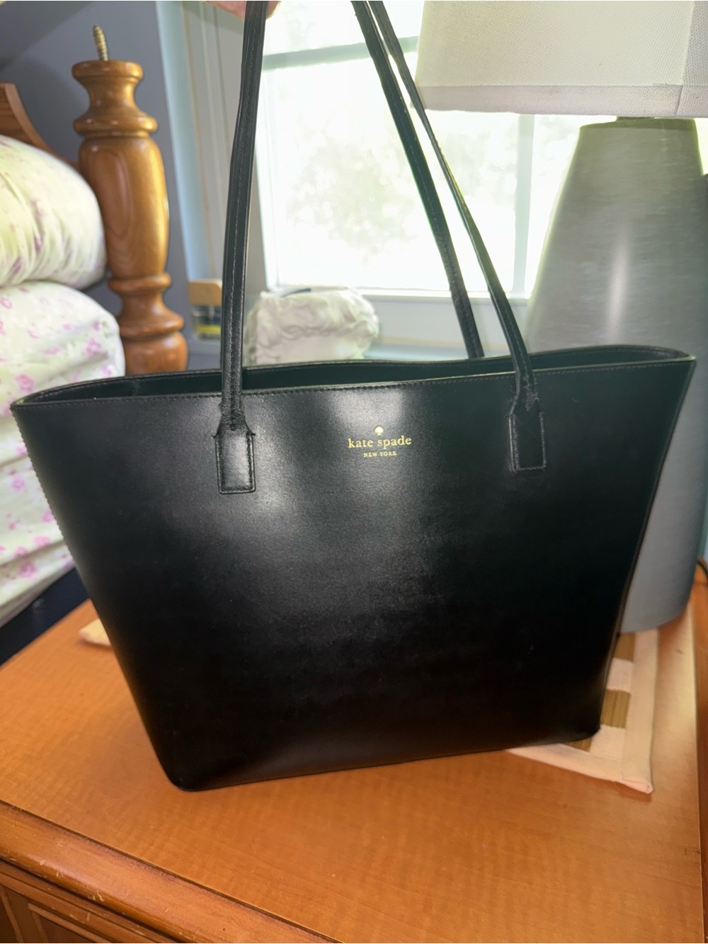 kate spade Black Leather Tote with Gold Logo